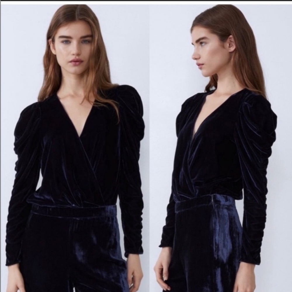 Zara Dark Navy Blue Velour Velvet Draped Ruched Puff Sleeve Plunging Bodysuit